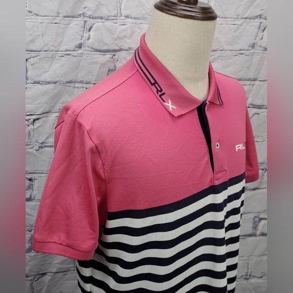 RLX Ralph Lauren Men's Golf Polo Shirt Logo Pink Navy Striped Large - Picture 5 of 14